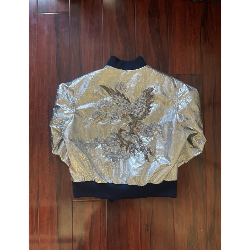 Ralph Lauren Collection Juliet Beaded Lamb Leather Bomber Jacket Silver Size 10 - Picture 10 of 16